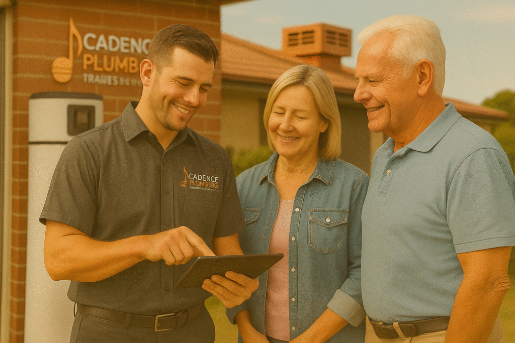 Cadence Plumbing Plumber demonstrating hot water to the home owner